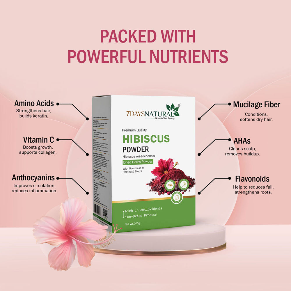7Days Natural Hibiscus Flower Powder Ideal for Hair pack, Face pack, Eating, and Hibiscus tea | Gudhal Ka Phool Powder | 100% Pure and Natural, No Preservatives- 200gm image 8