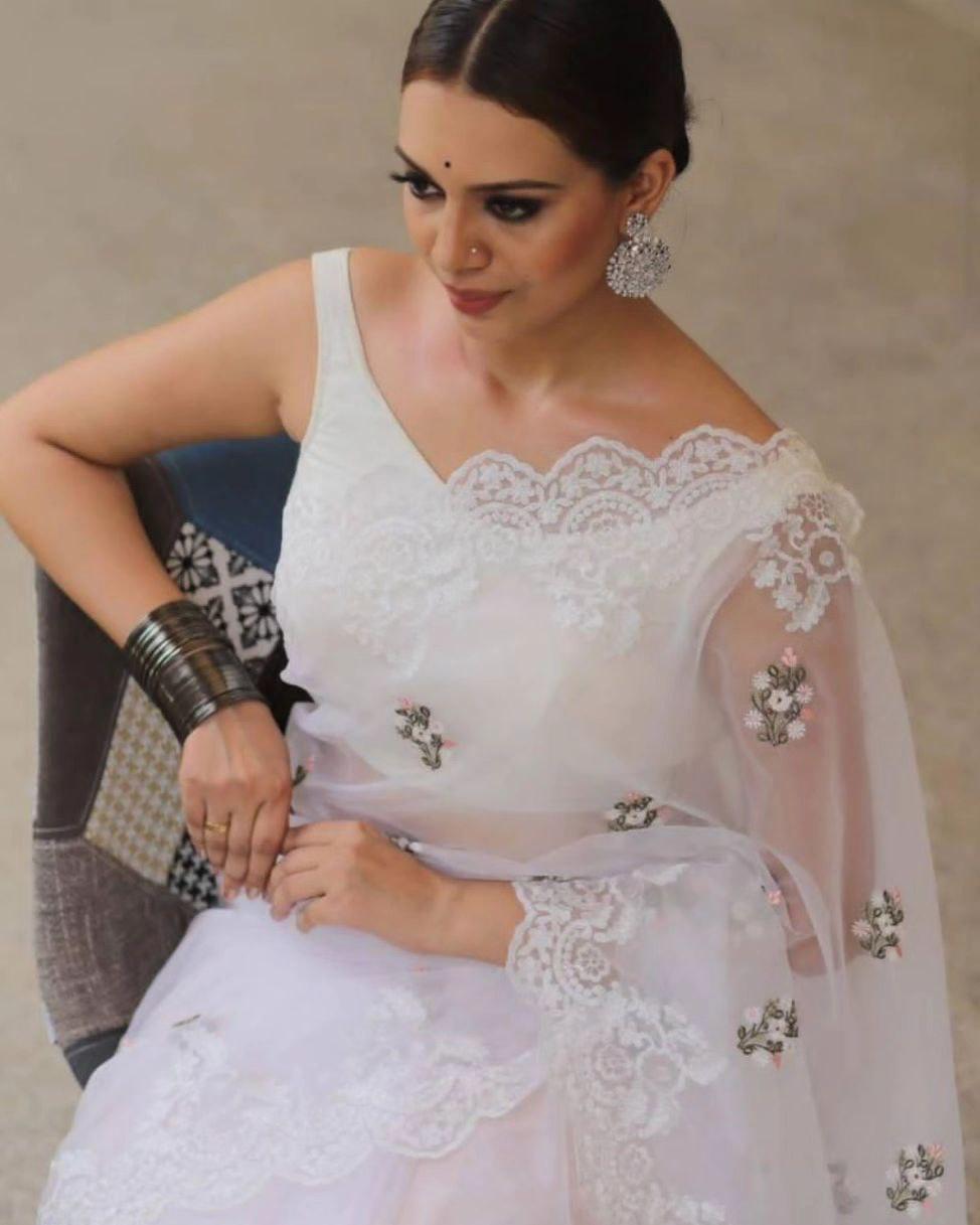 Designer Floral Embroidered Organza Silk Saree with Cutwork Border