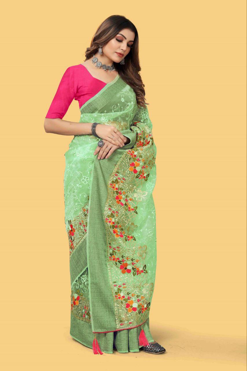 Party Wear Organza Silk Saree with Multicolor Embroidery and Zari Border