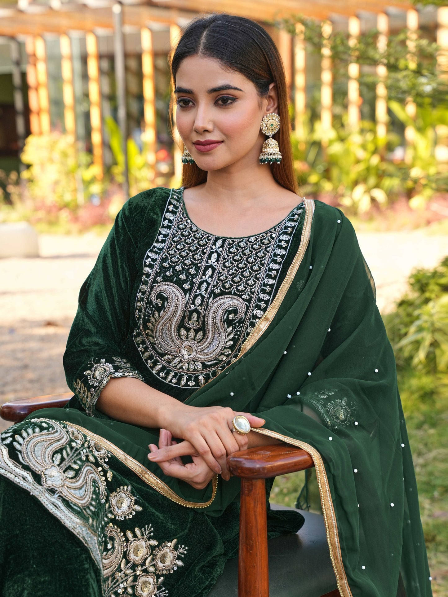 Women Designer 3 Piece Velvet Suit Set with Embellished Top, Velvet Bottom & Faux Georgette Dupatta