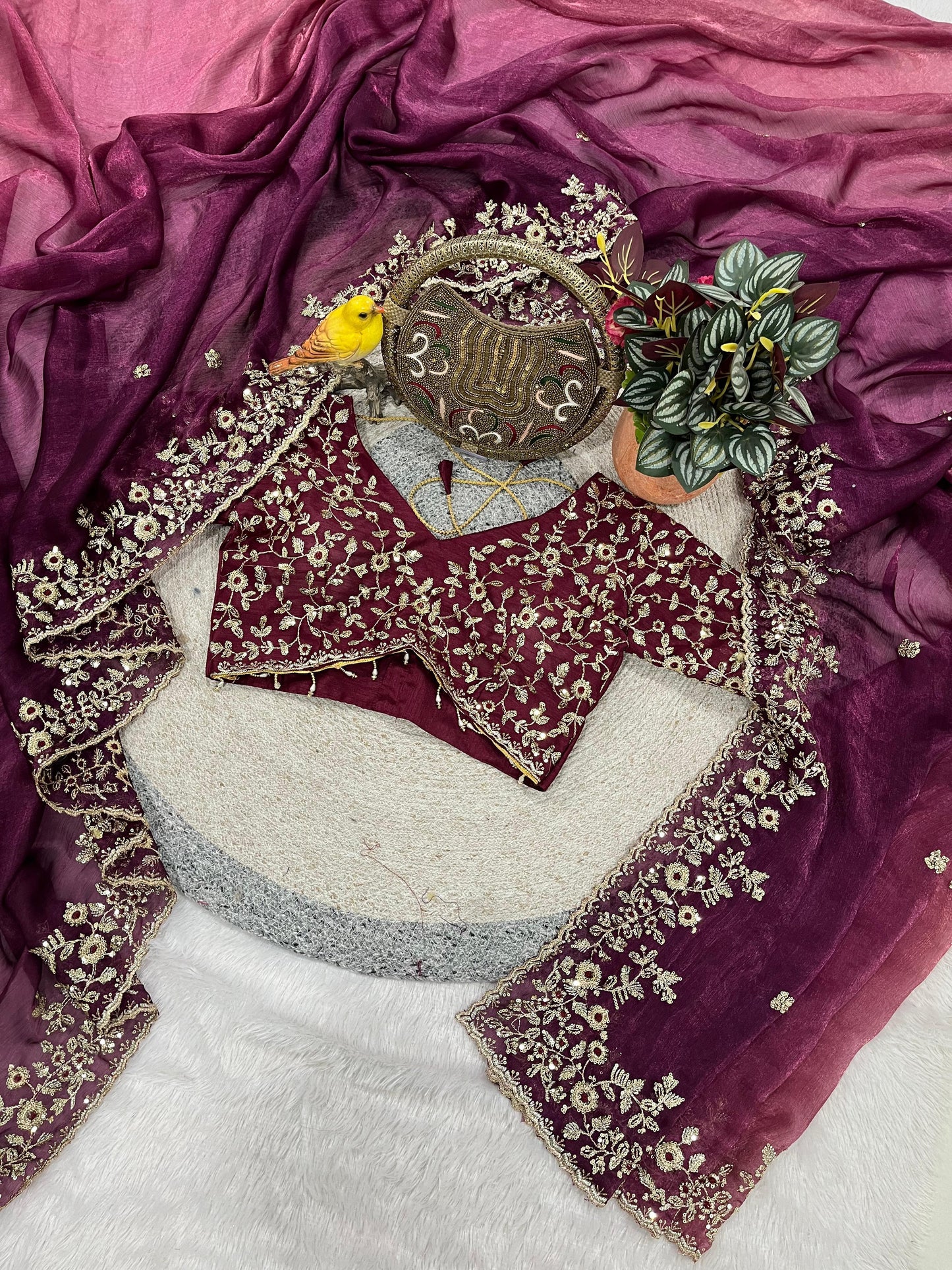Evergreen Designer Fandy Chiffon Silk Saree with Sequins, Zari Embroidery & Cutwork Border