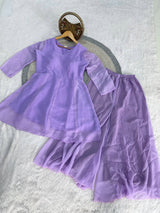 Designer Crunchy Silk 3 Piece Suit Set with V-Neck Top, Flared Palazzo & Dupatta