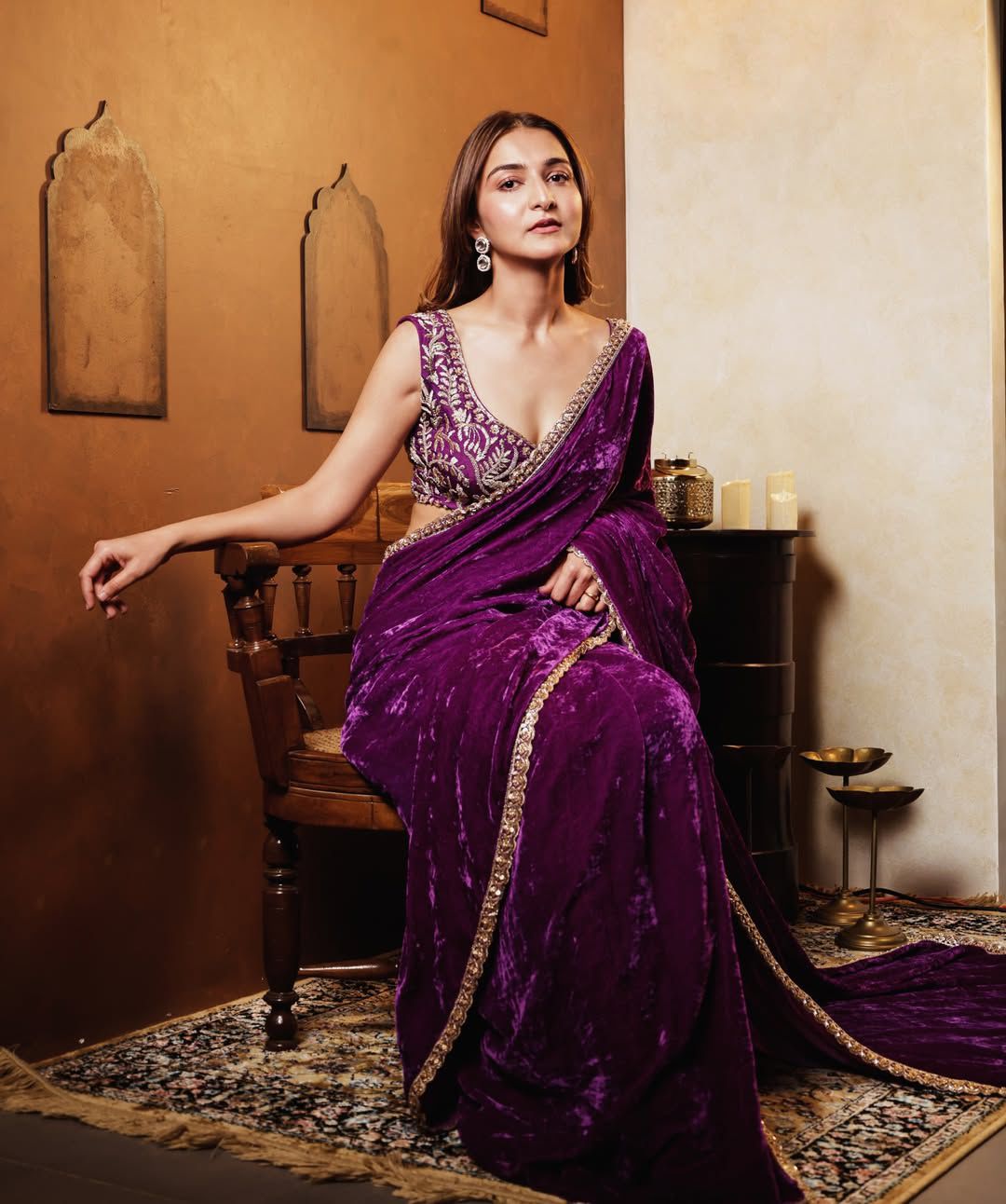 Luxury 9000 Quality Velvet Saree with Fine 3mm Sequin Jari Embroidered Cutwork Border & Ready Blouse