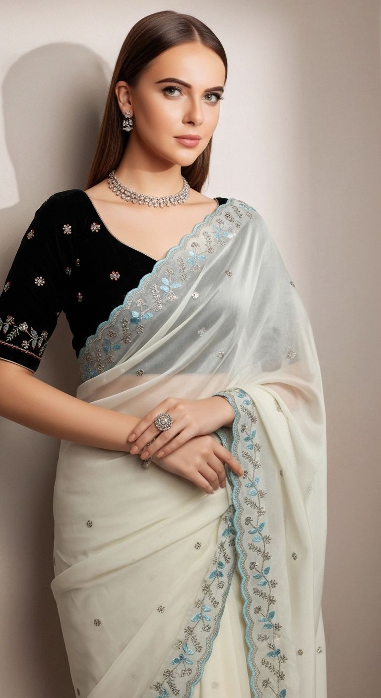 Designer Faux Georgette Handwork Saree with Beads & Sequins Border and Velvet Blouse – Ice Blue / Off White