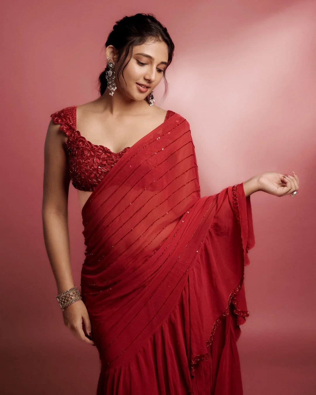 Bollywood Designer Faux Georgette Ruffle Saree with Beads & Sequins Striped Embellishment with Fully Stitched Mono Diamond Silk Blouse
