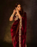 Designer Winter Velvet Saree with Sequins & Jari Embroidery