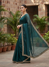 Designer Bollywood Style Soft Twill Net Saree with Sequins & Zari Dori Embroidery and Velvet Lace Border with Unstitched Blouse