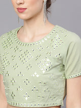 Peach & Green Mirror Work Lehenga Choli With Dupatta - Elganza