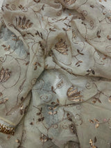 Designer Rose Gold Silk Beads & Sequins Embroidered Saree with Fancy Copper Lace Border and Unstitched Kadwa Silk Blouse