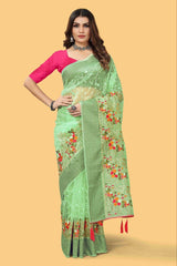 Party Wear Organza Silk Saree with Multicolor Embroidery and Zari Border