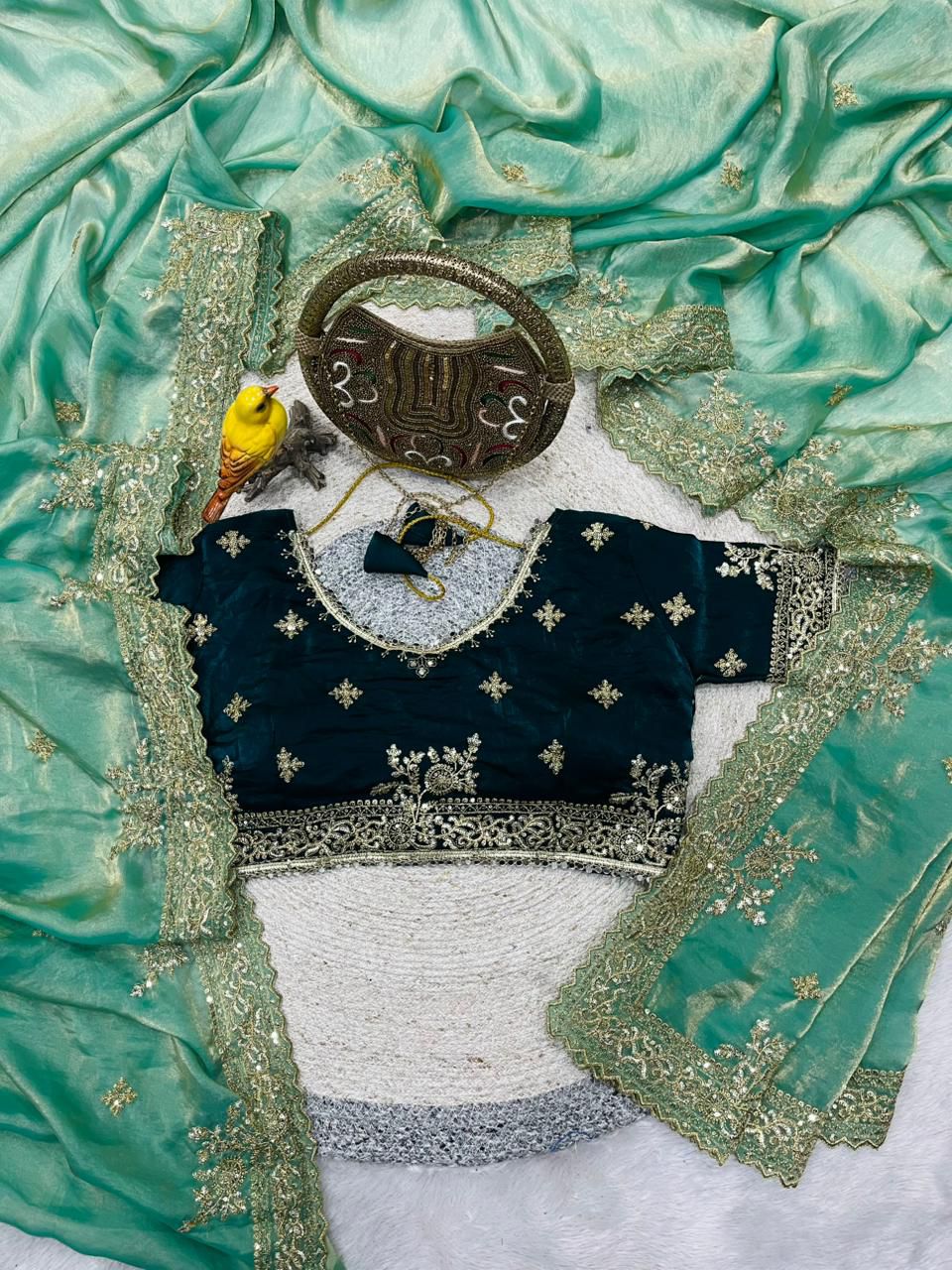 Designer Fandy Satin Silk Saree with Sequins & Jari Embroidery and Cutwork Border with Full-Stitch Blouse