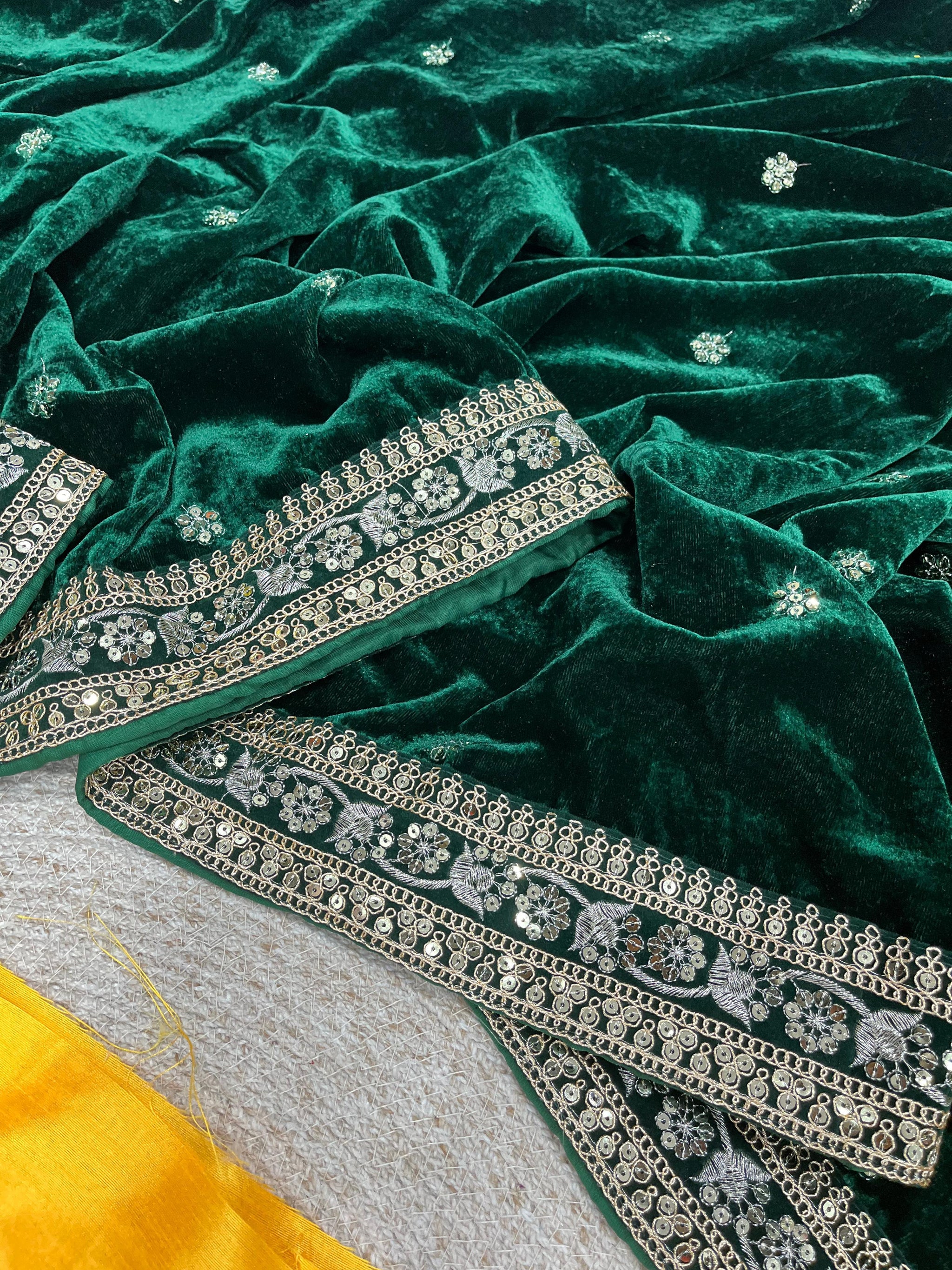 Designer 9000 Velvet Saree with Sequins & Jari Dori Embroidered Lace Border and Waist Belt