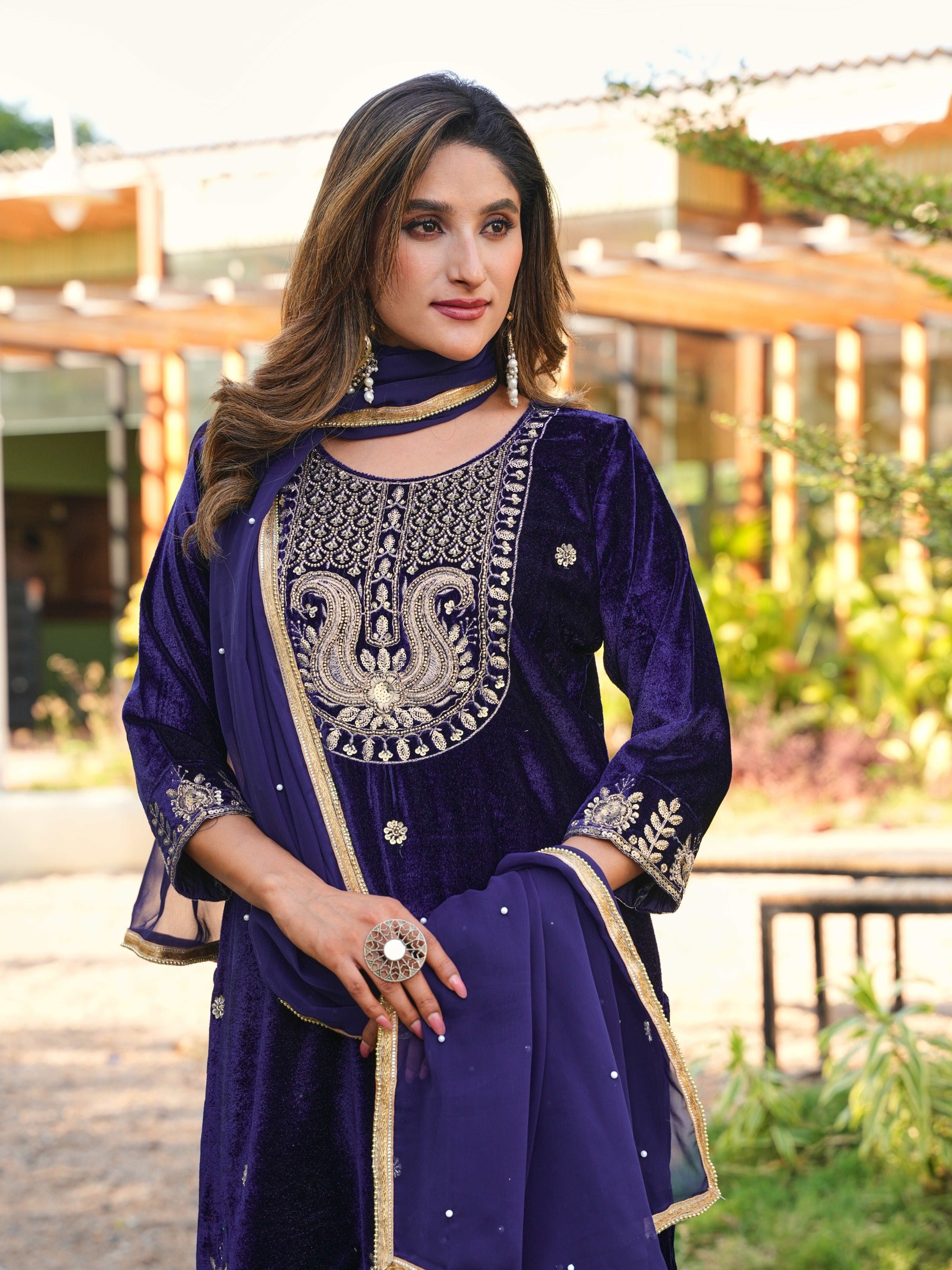 Women Designer 3 Piece Velvet Suit Set with Embellished Top, Velvet Bottom & Faux Georgette Dupatta