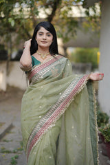 Designer Heavy Banarasi Crush Saree with Sequins &amp; Embroidered Lace Border