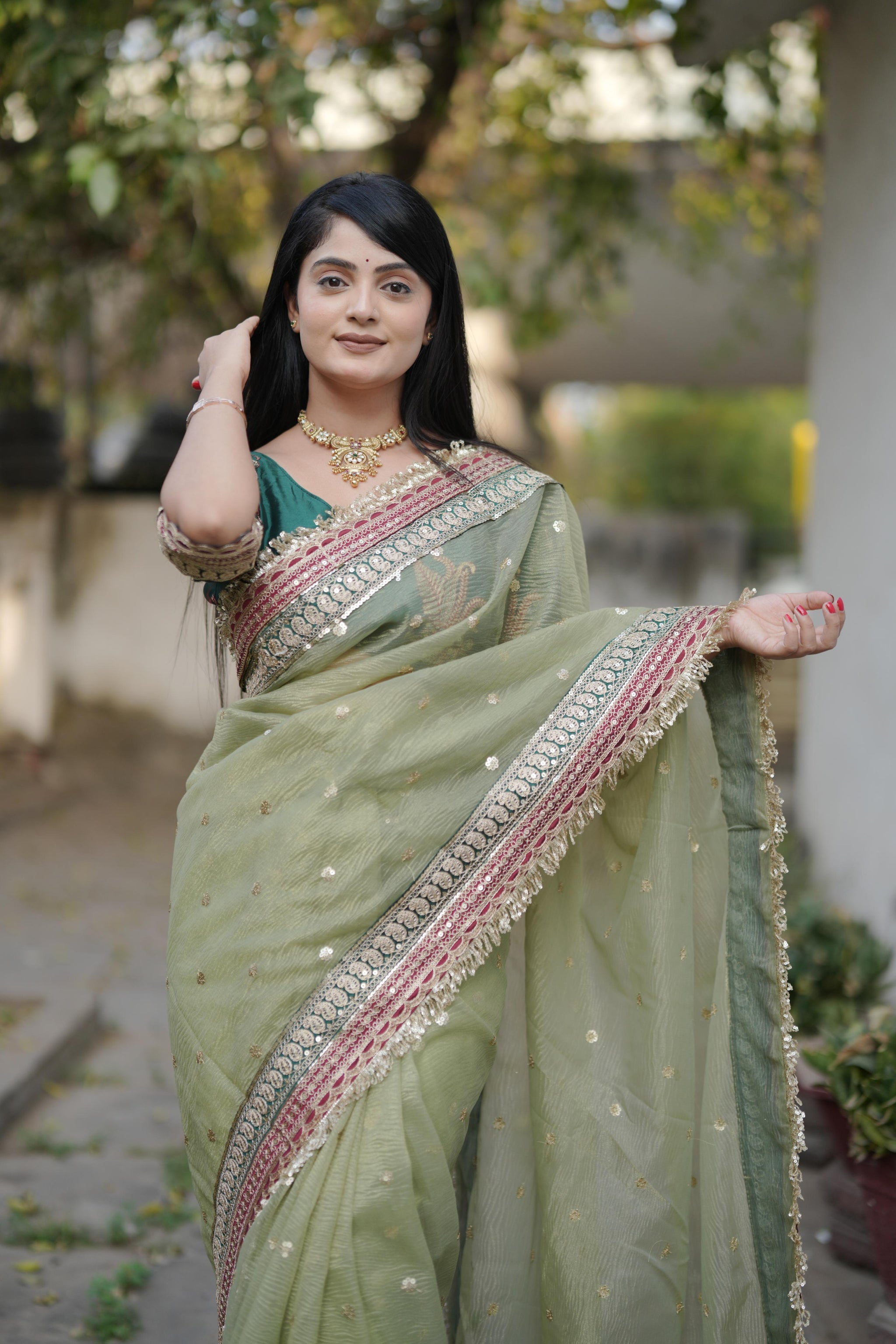 Designer Heavy Banarasi Crush Saree with Sequins &amp; Embroidered Lace Border