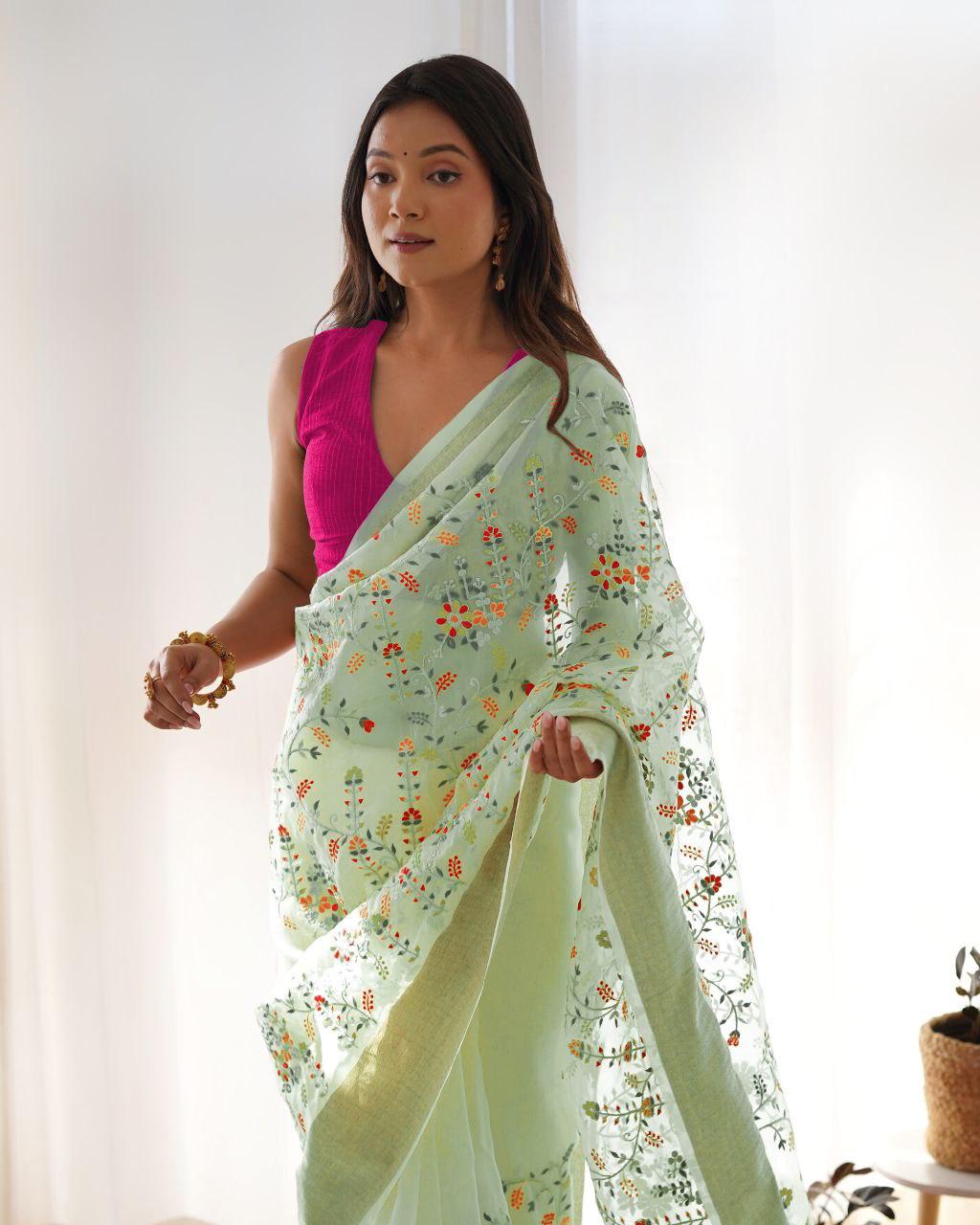 Evergreen Silver Tissue Silk Designer Saree with Multicolor Floral Embroidery