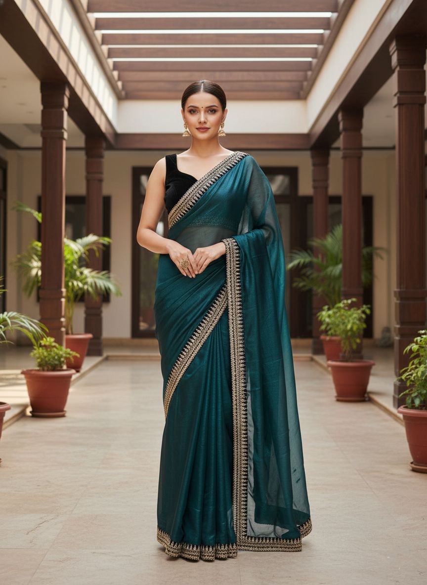 Designer Bollywood Style Soft Twill Net Saree with Sequins & Zari Dori Embroidery and Velvet Lace Border with Unstitched Blouse
