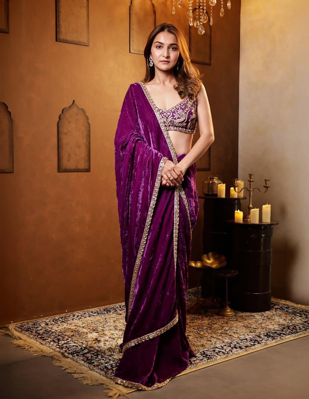 Luxury 9000 Quality Velvet Saree with Fine 3mm Sequin Jari Embroidered Cutwork Border & Ready Blouse