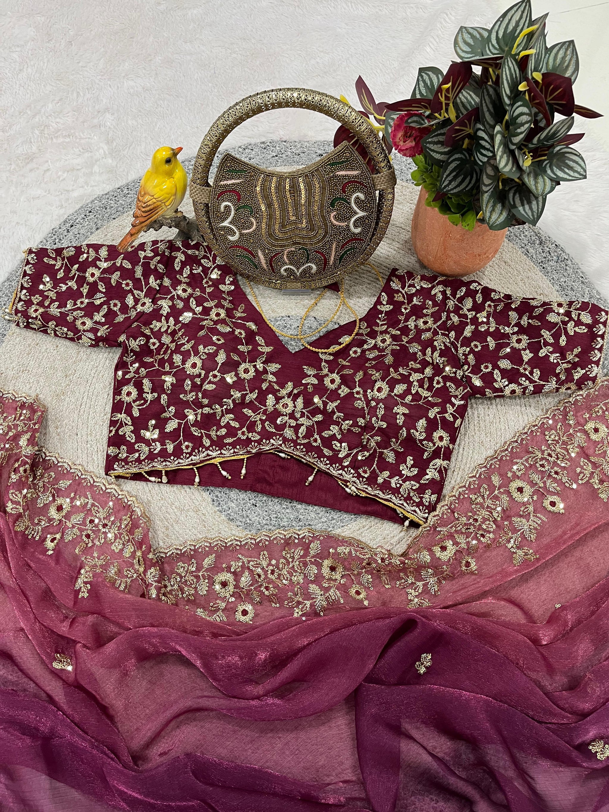Evergreen Designer Fandy Chiffon Silk Saree with Sequins, Zari Embroidery & Cutwork Border