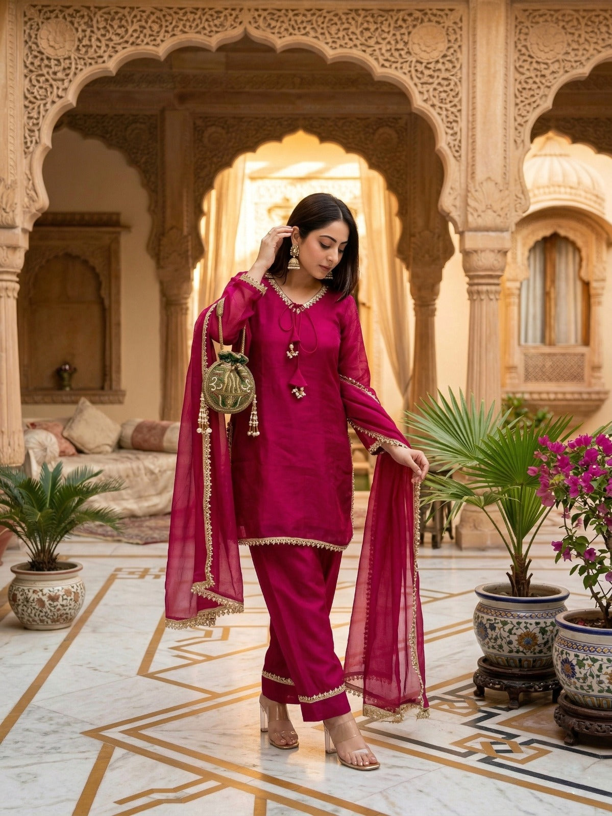 Designer Fendi Satin Farshi Salwar Suit Set with Mirror & Moti Work and Lace Border