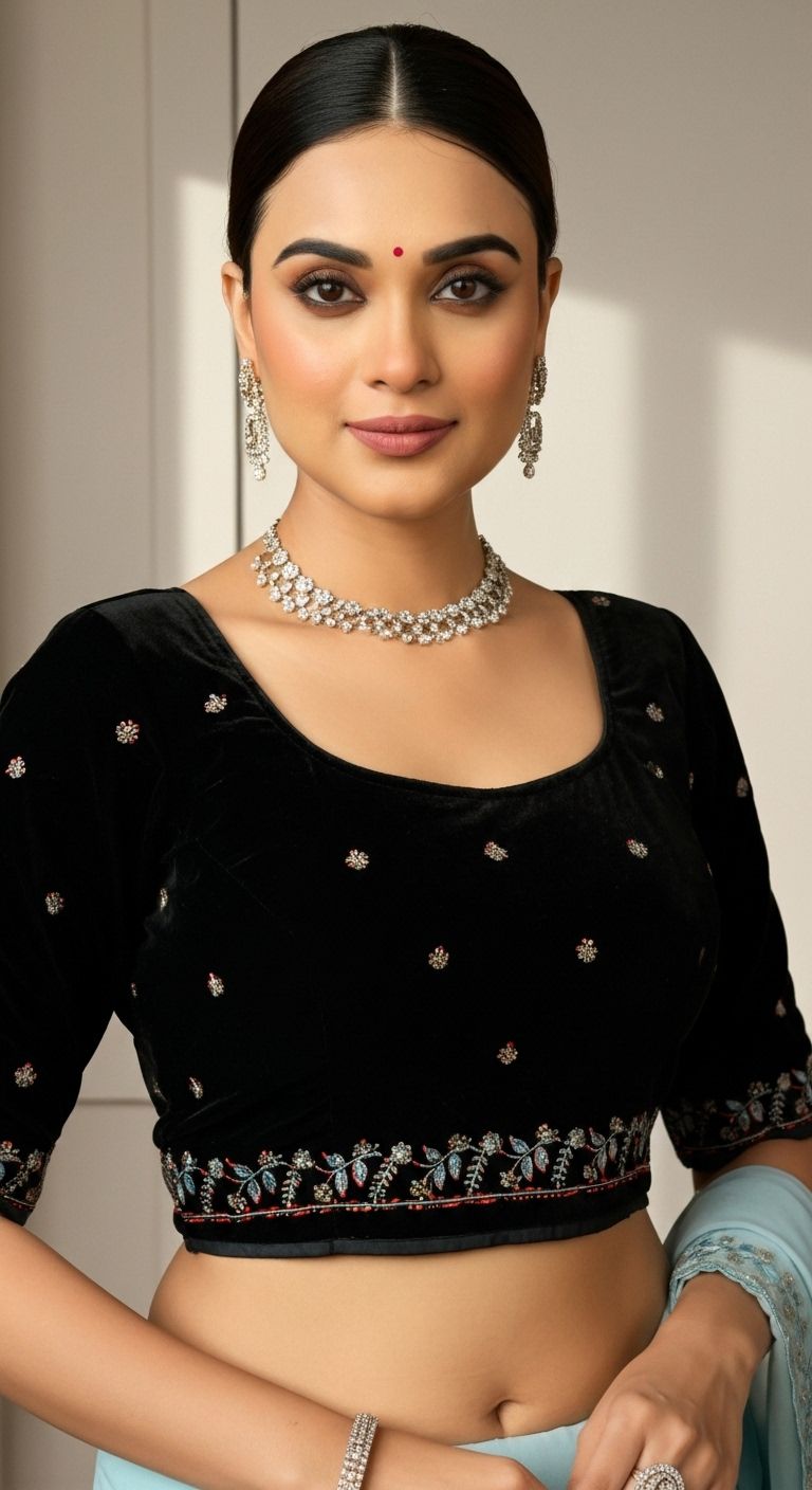 Designer Faux Georgette Handwork Saree with Beads & Sequins Border and Velvet Blouse – Ice Blue / Off White