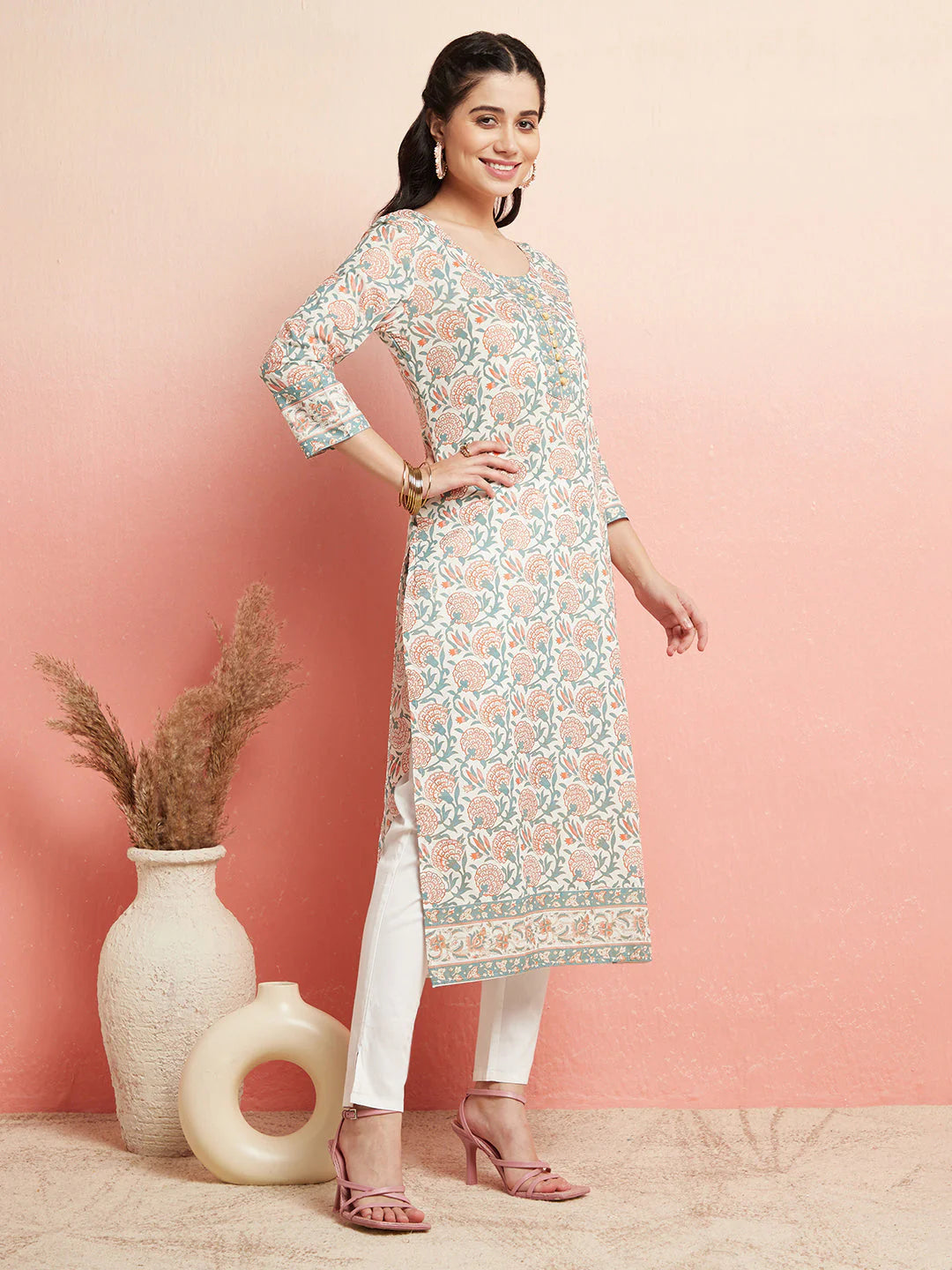 White Floral Print Straight Kurta for Women | Pure Cotton Ethnic Wear | Elegant Daily & Festive Outfit image 3