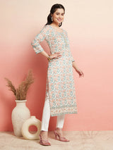 White Floral Print Straight Kurta for Women | Pure Cotton Ethnic Wear | Elegant Daily & Festive Outfit image 3