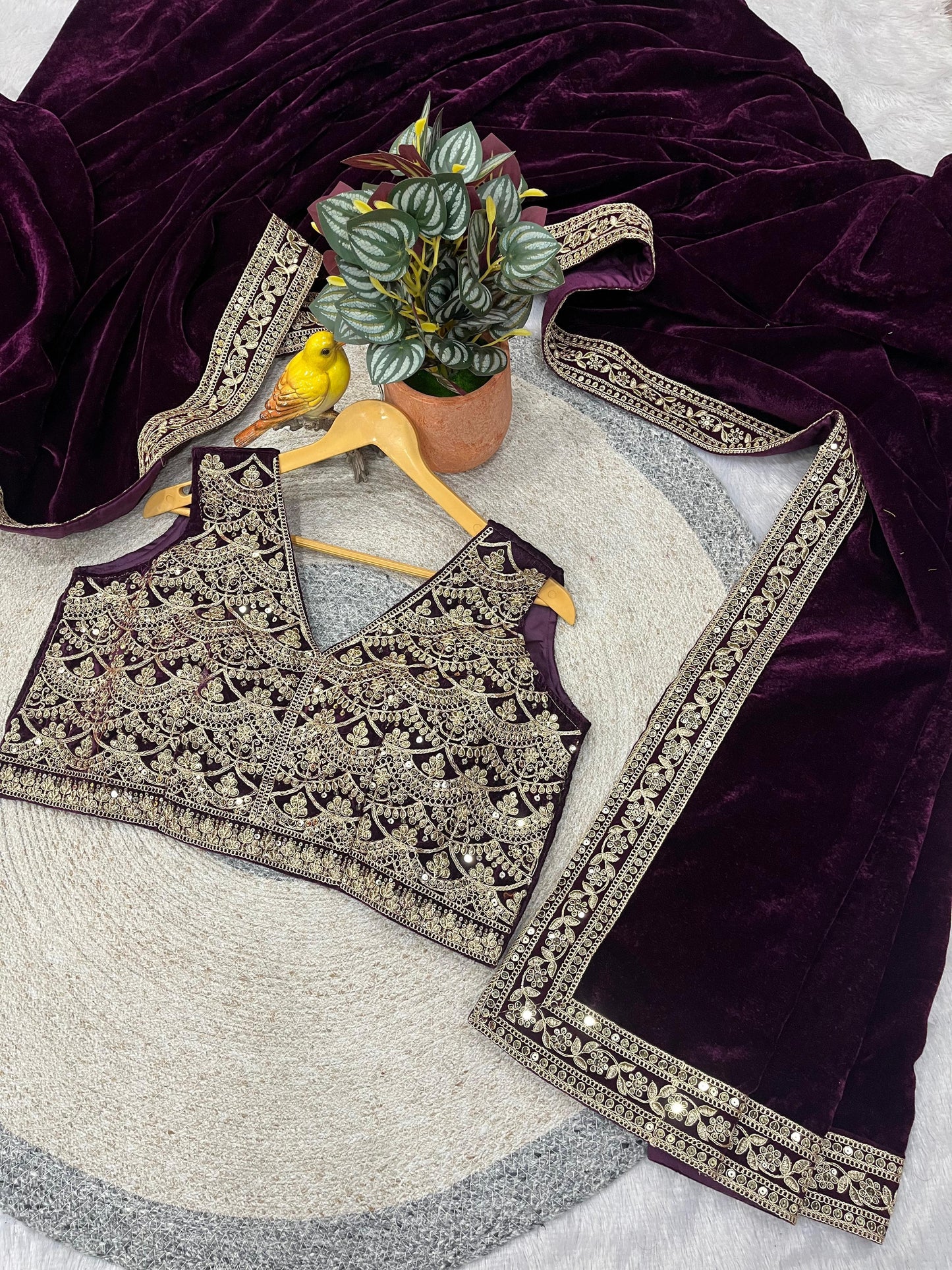 Designer Winter Special Viscose Velvet Embroidered Saree with Stitched Blouse