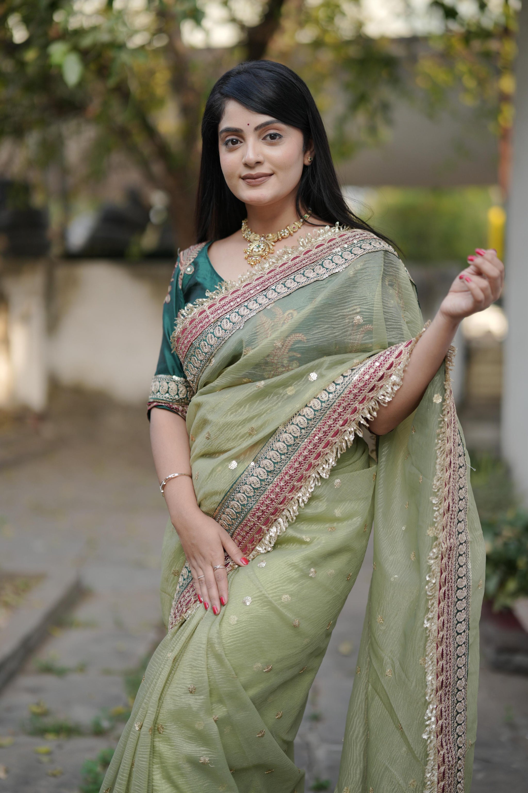 Designer Heavy Banarasi Crush Saree with Sequins &amp; Embroidered Lace Border