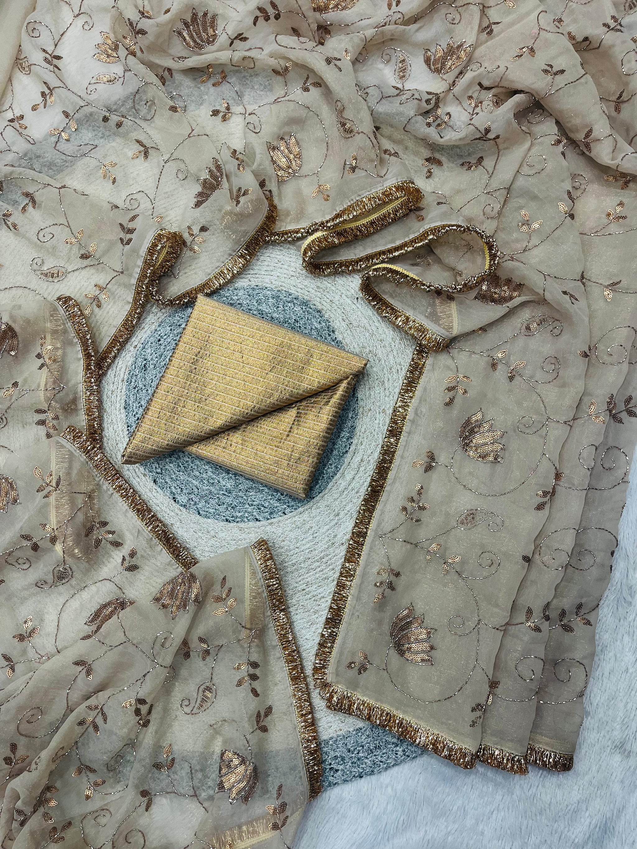 Designer Rose Gold Silk Beads & Sequins Embroidered Saree with Fancy Copper Lace Border and Unstitched Kadwa Silk Blouse