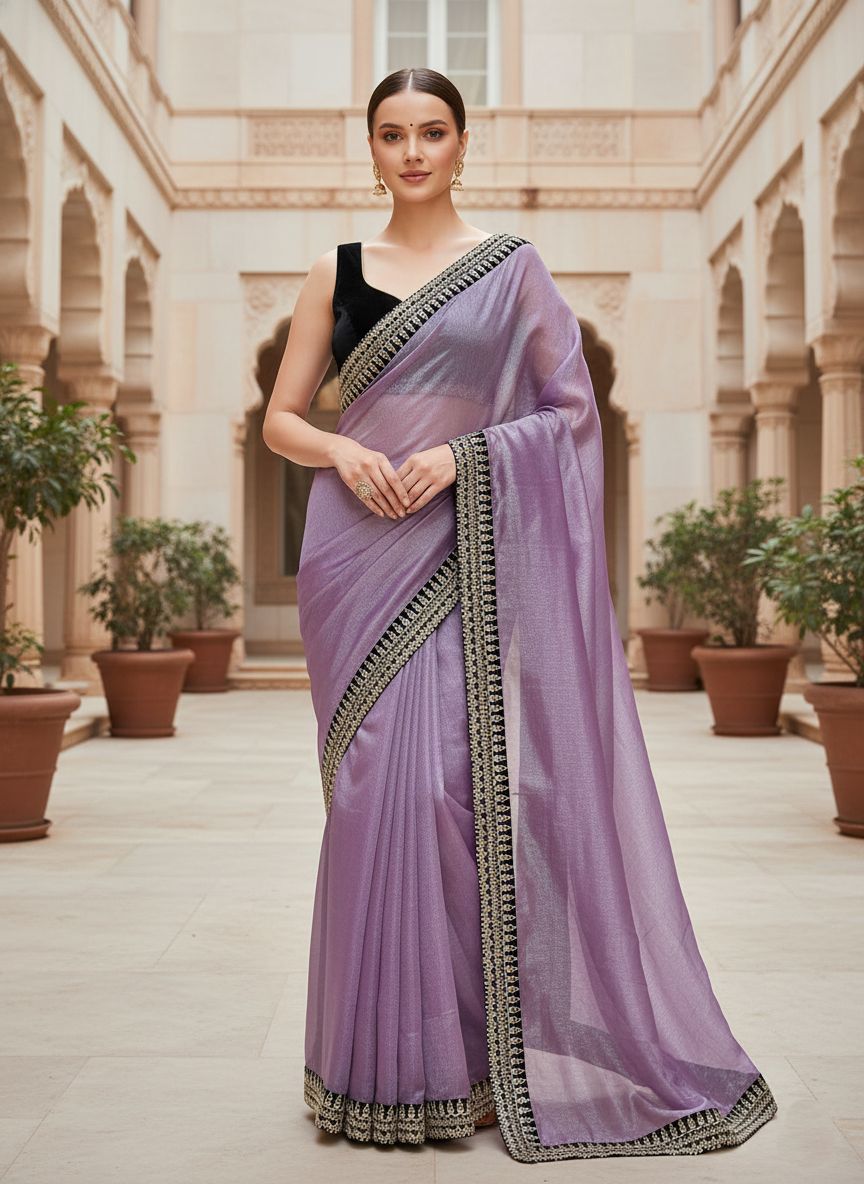 Designer Bollywood Style Soft Twill Net Saree with Sequins & Zari Dori Embroidery and Velvet Lace Border with Unstitched Blouse