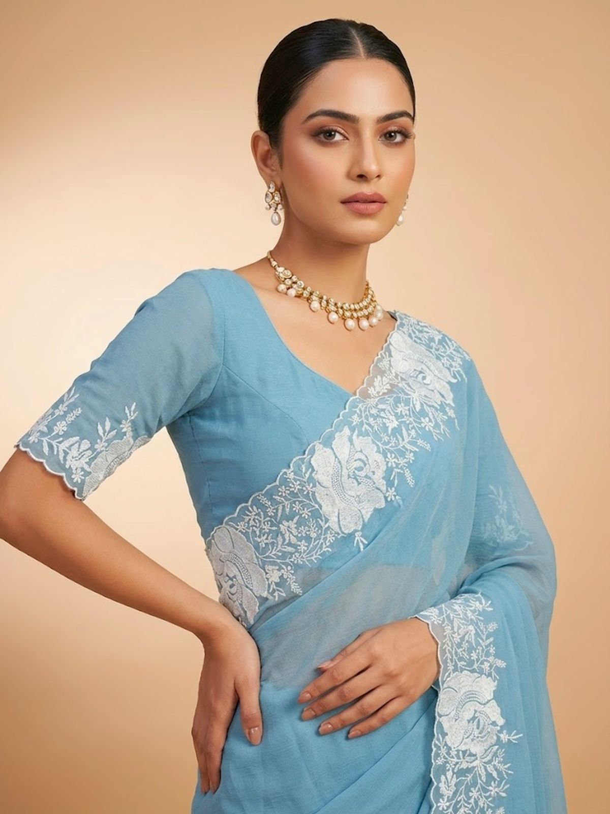 Designer Bandhej Candy Crush Saree with White Thread Embroidered Cutwork Border and Unstitched Blouse