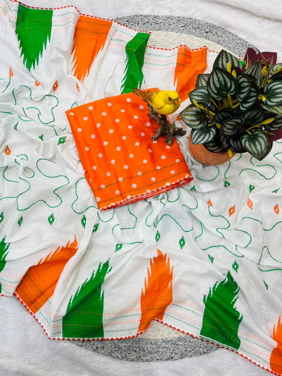 Republic Day Special Pure Cotton Tricolour Printed Saree with Embroidery