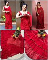 Bollywood Designer Faux Georgette Ruffle Saree with Beads & Sequins Striped Embellishment with Fully Stitched Mono Diamond Silk Blouse