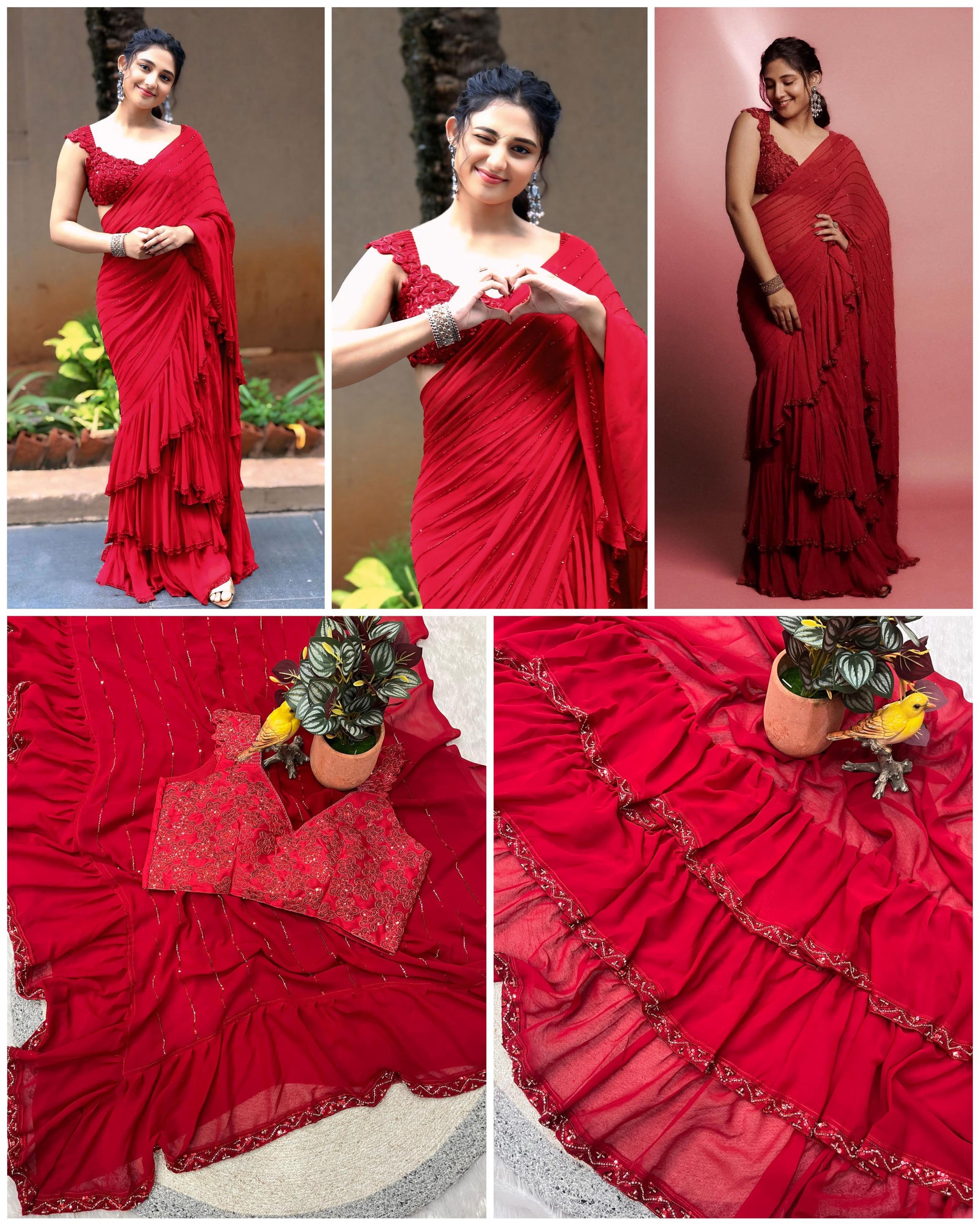 Bollywood Designer Faux Georgette Ruffle Saree with Beads & Sequins Striped Embellishment with Fully Stitched Mono Diamond Silk Blouse