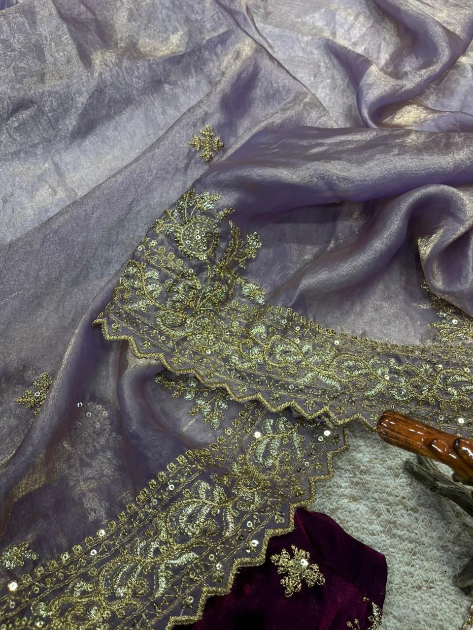 Designer Fandy Satin Silk Saree with Sequins & Jari Embroidery and Cutwork Border with Full-Stitch Blouse