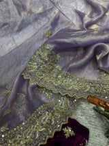 Designer Fandy Satin Silk Saree with Sequins & Jari Embroidery and Cutwork Border with Full-Stitch Blouse