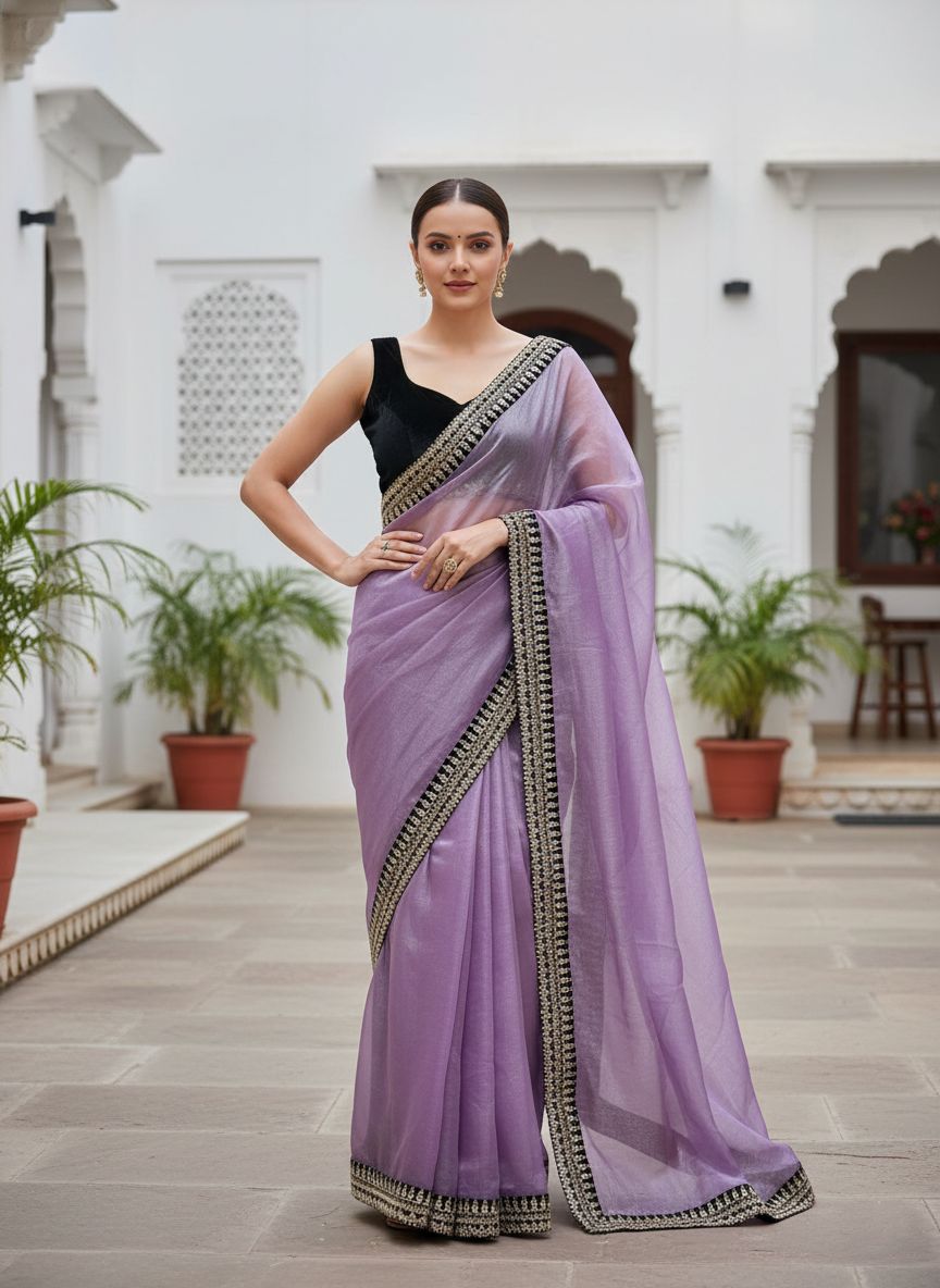 Designer Bollywood Style Soft Twill Net Saree with Sequins & Zari Dori Embroidery and Velvet Lace Border with Unstitched Blouse