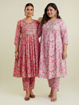 Women's Pink Pure Cotton Yoke Embroidered Floral Printed A-line Kurta Set