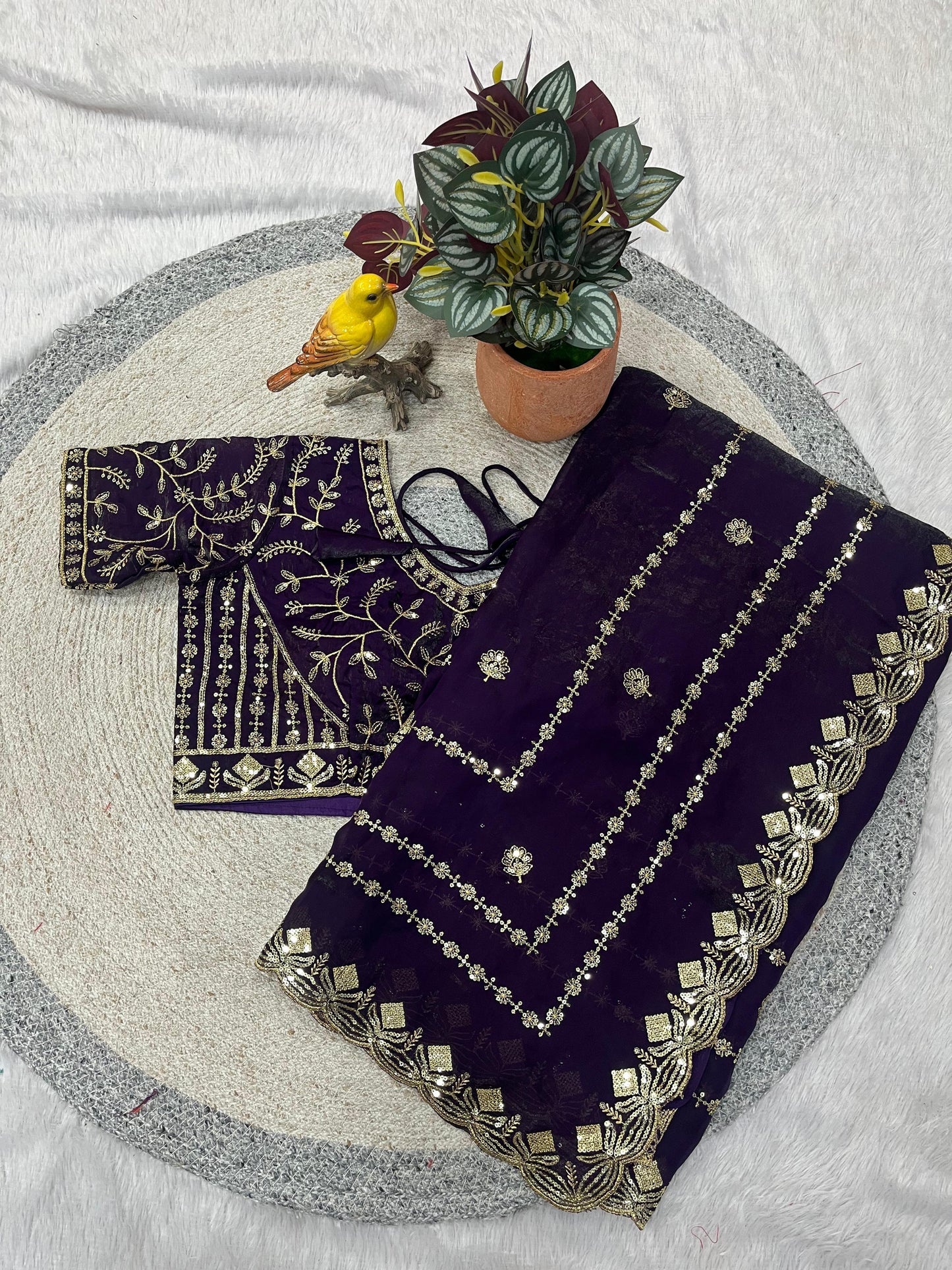 Designer Fandy Satin Silk Saree with 3mm Sequin Embroidery and Cutwork Border