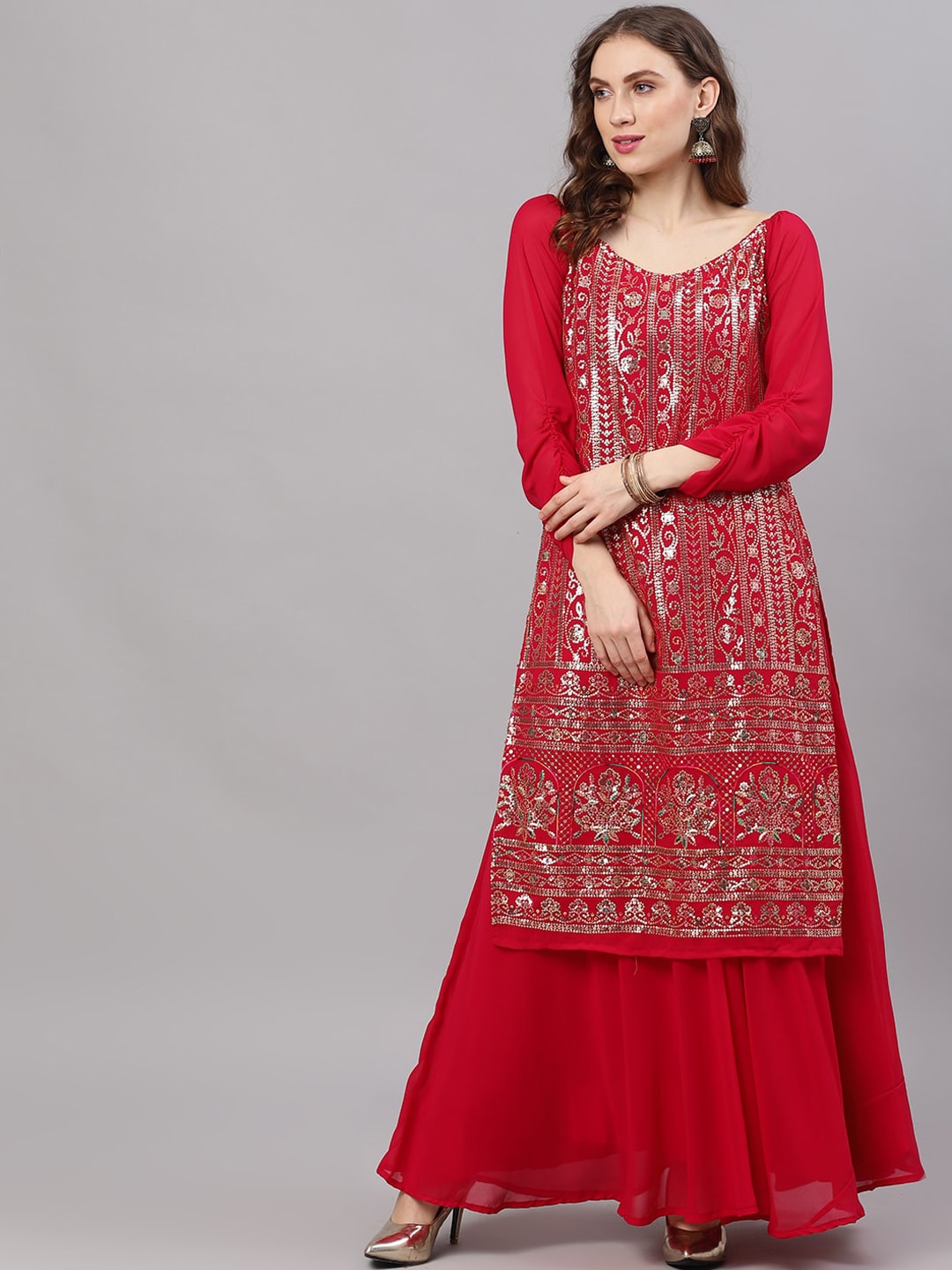 Maroon Sequined Kurta With Flared Skirt - Elganza