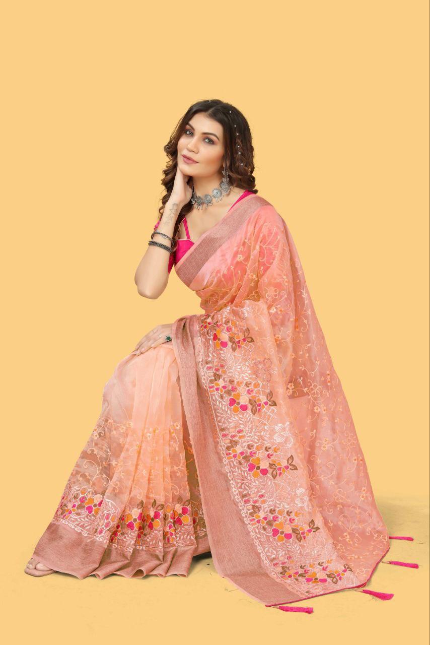 Party Wear Organza Silk Saree with Multicolor Embroidery and Zari Border