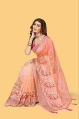 Party Wear Organza Silk Saree with Multicolor Embroidery and Zari Border