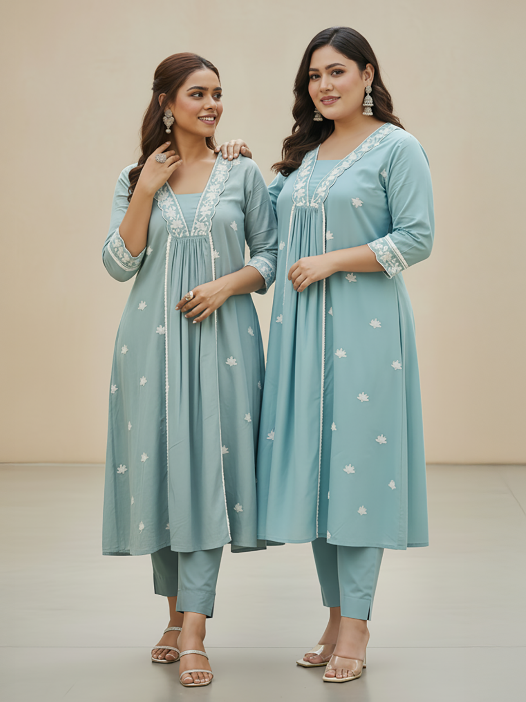 Light Blue Pure Cotton Embroidered A-line Kurta Pant Set
