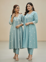 Light Blue Pure Cotton Embroidered A-line Kurta Pant Set
