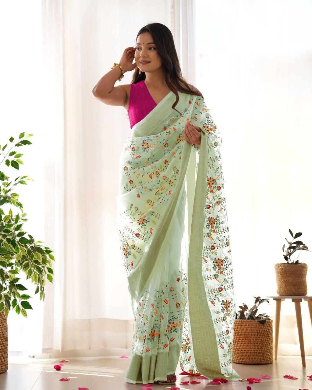Evergreen Silver Tissue Silk Designer Saree with Multicolor Floral Embroidery