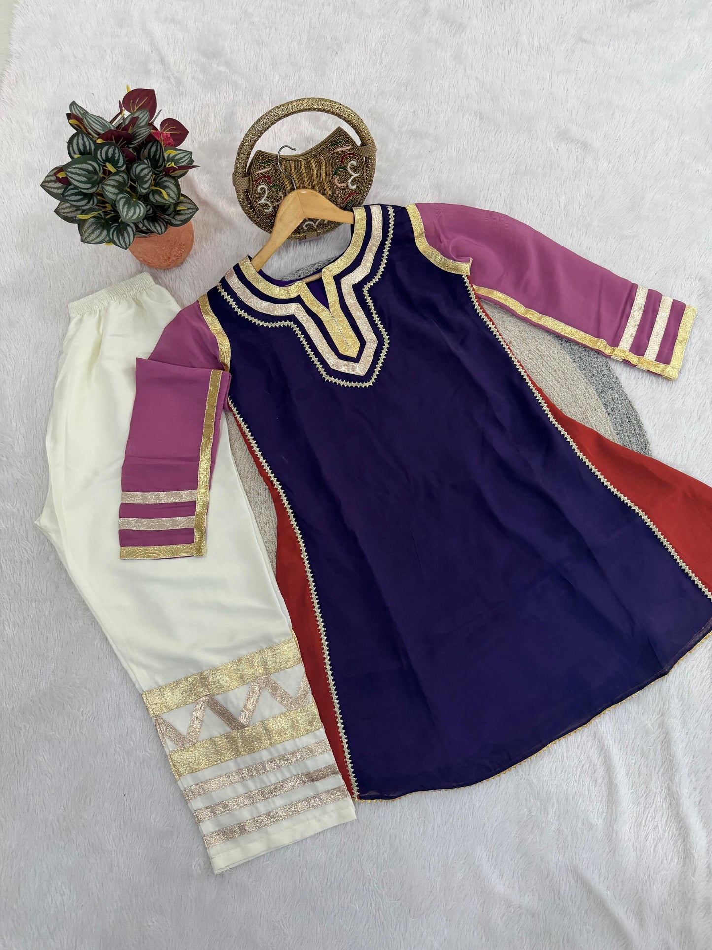 Women Designer 2 Piece Chanderi Suit Set with Lampi Lace Work