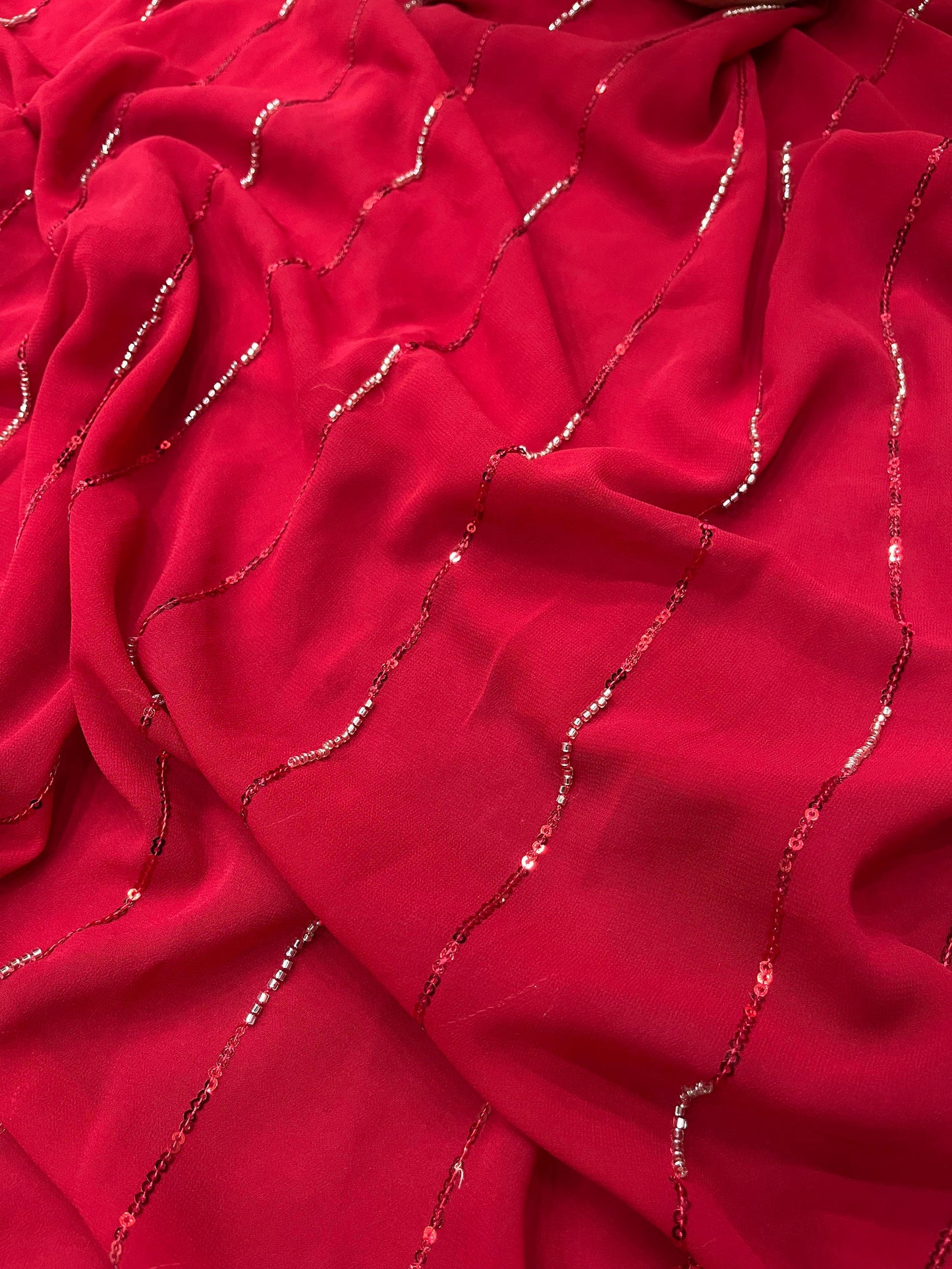 Bollywood Designer Faux Georgette Ruffle Saree with Beads & Sequins Striped Embellishment with Fully Stitched Mono Diamond Silk Blouse