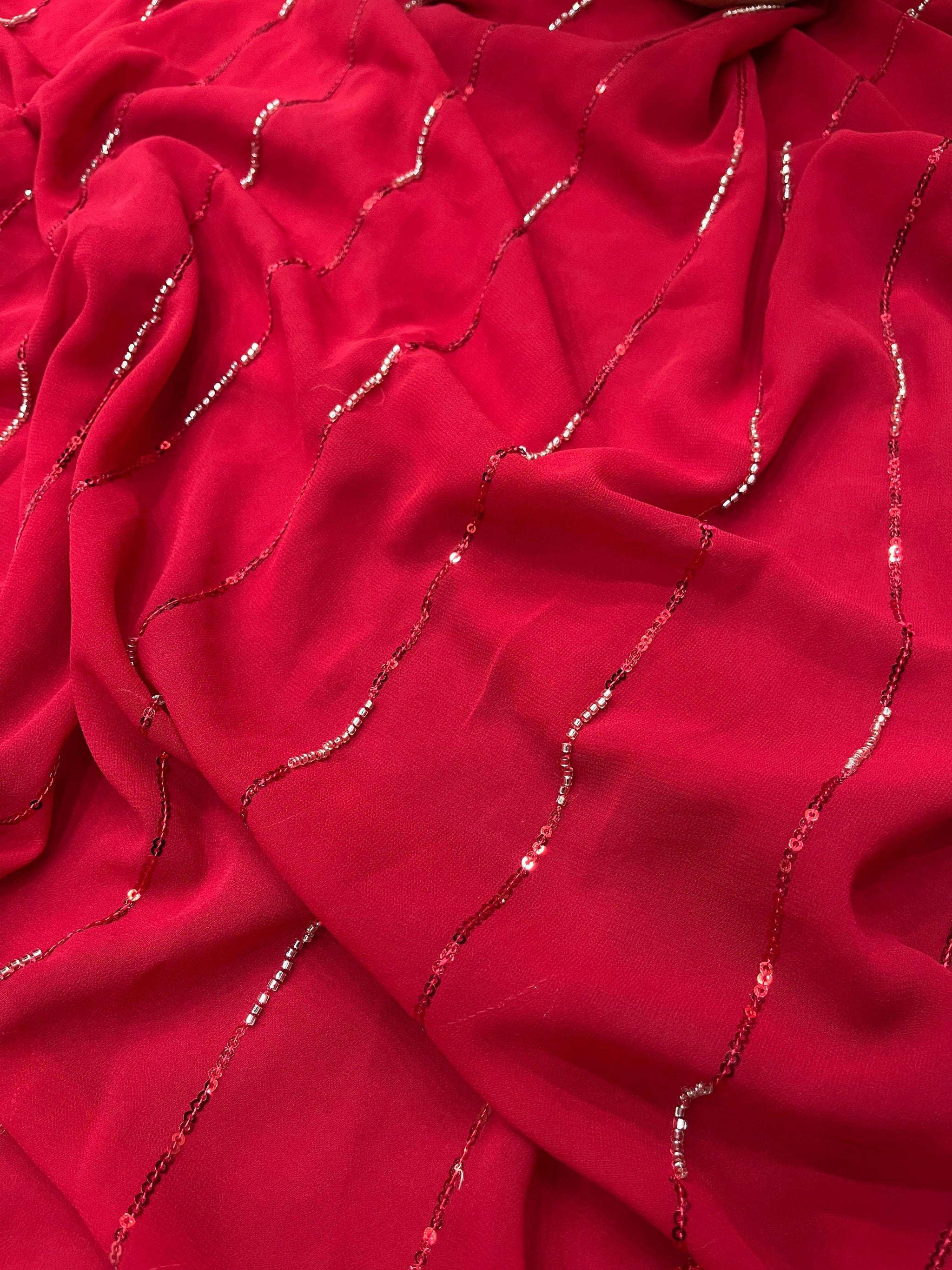 Bollywood Designer Faux Georgette Ruffle Saree with Beads & Sequins Striped Embellishment with Fully Stitched Mono Diamond Silk Blouse
