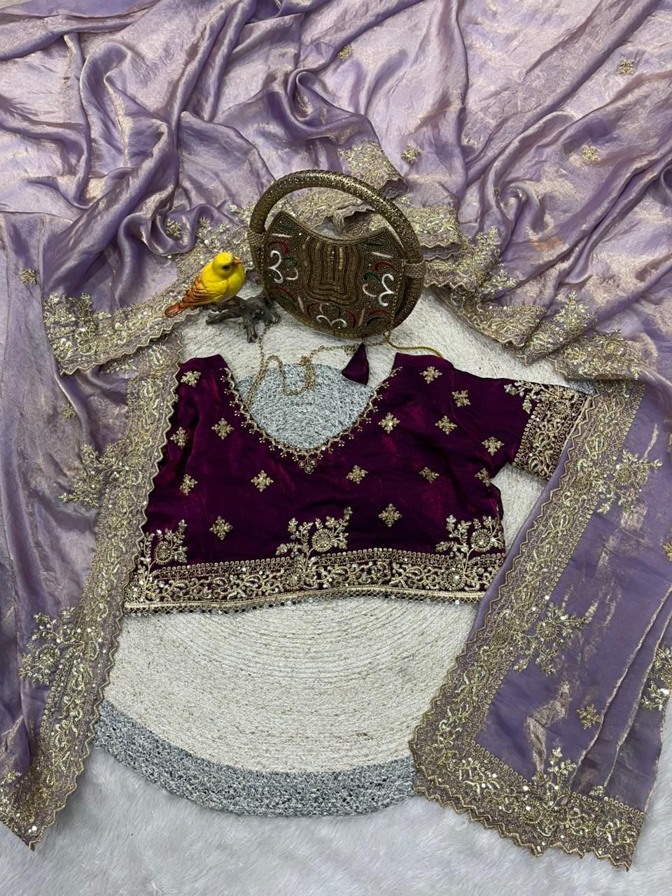 Designer Fandy Satin Silk Saree with Sequins & Jari Embroidery and Cutwork Border with Full-Stitch Blouse